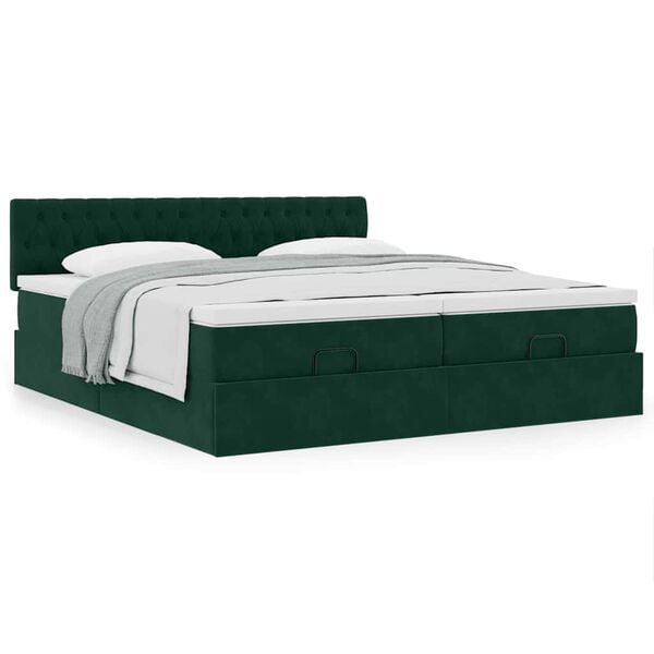 vidaXL Estrutura de cama otomana com colch&atilde;o verde escuro veludo