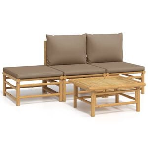 vidaXL 4 pcs conj. lounge jardim bambu c/ almofad&otilde;es cinza-acastanhado