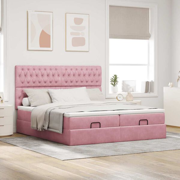 vidaXL Estrutura de cama otomana com colch&otilde;es 160x200 cm veludo rosa