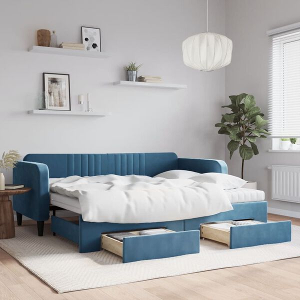 vidaXL Sof&aacute;-cama com gavet&atilde;o e gavetas 90x200 cm veludo azul