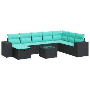 vidaXL 9 pcs conjunto de sof&aacute;s p/ jardim c/ almofad&otilde;es vime PE preto