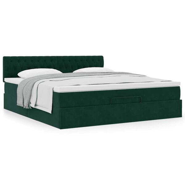 vidaXL Estrutura de cama otomana com colch&atilde;o 160x200 cm verde escuro
