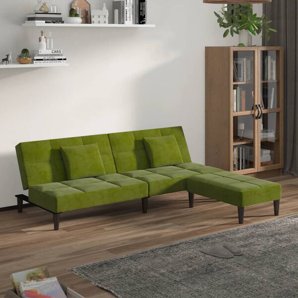 vidaXL Sof&aacute;-cama 2 lug. c/ 2 almofadas/apoio de p&eacute;s veludo verde-claro