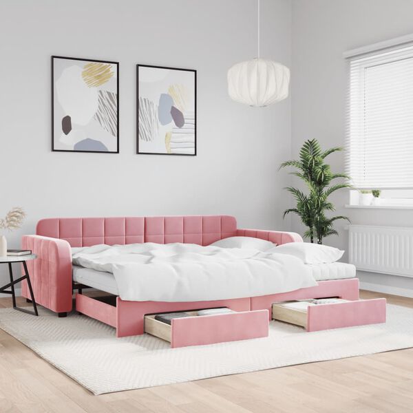 vidaXL Sofá-cama com gavetão e gavetas 90x200 cm veludo rosa