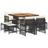 vidaXL 9 pcs conjunto de jantar p/ jardim c/ almofad&otilde;es vime PE preto