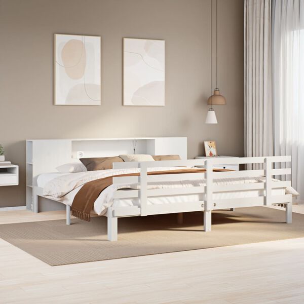 vidaXL Cama com estante sem colchão 200x200 cm pinho maciço branco