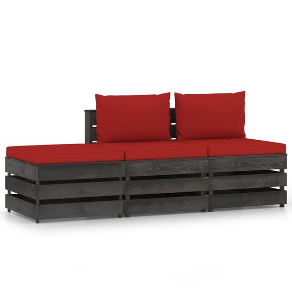 vidaXL 3 pcs conj. lounge jardim + almofad&otilde;es madeira impreg. cinzento