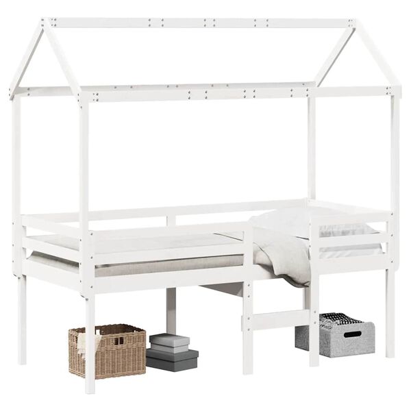 vidaXL Cama alta com telhado 90x200 cm pinho maci&ccedil;o branco