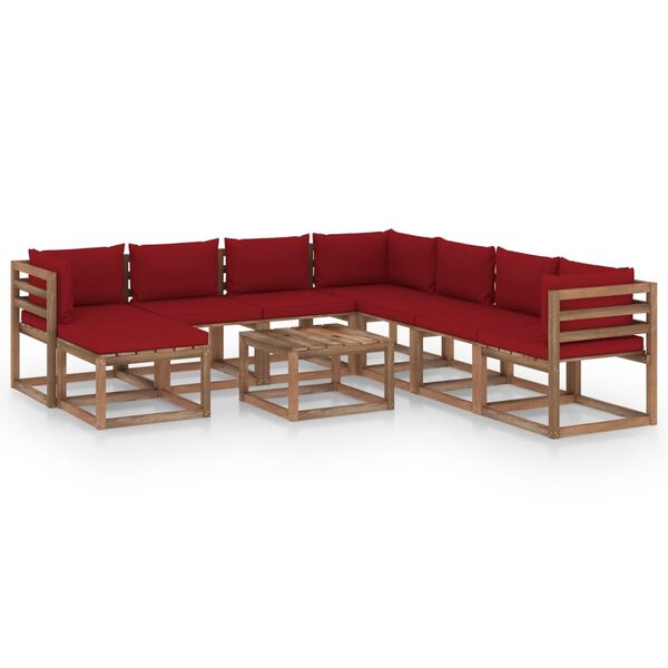 vidaXL 9 pcs conjunto lounge p/ jardim c/ almofad&otilde;es vermelho tinto