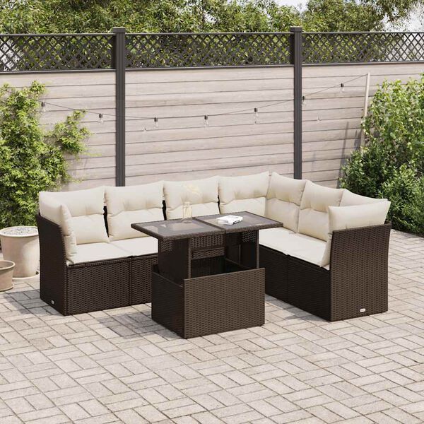 vidaXL 7 pcs conjunto de sof&aacute;s jardim c/ almofad&otilde;es vime PE castanho