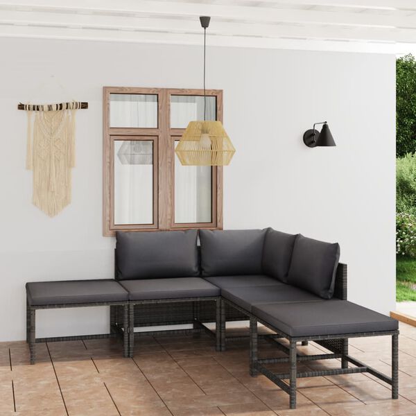 vidaXL 6 pcs conjunto lounge de jardim c/ almofadões vime PE cinzento