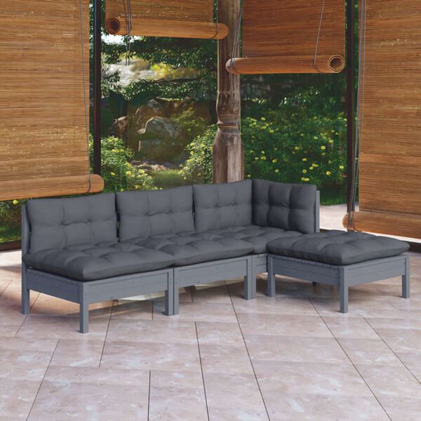 vidaXL 4 pcs conjunto lounge de jardim c/ almofad&otilde;es pinho maci&ccedil;o