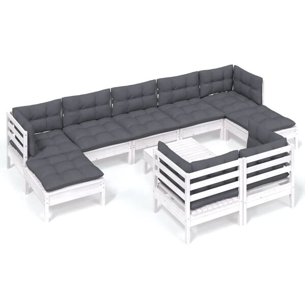 vidaXL 10 pcs conj. lounge de jardim c/ almofad&otilde;es pinho maci&ccedil;o branco