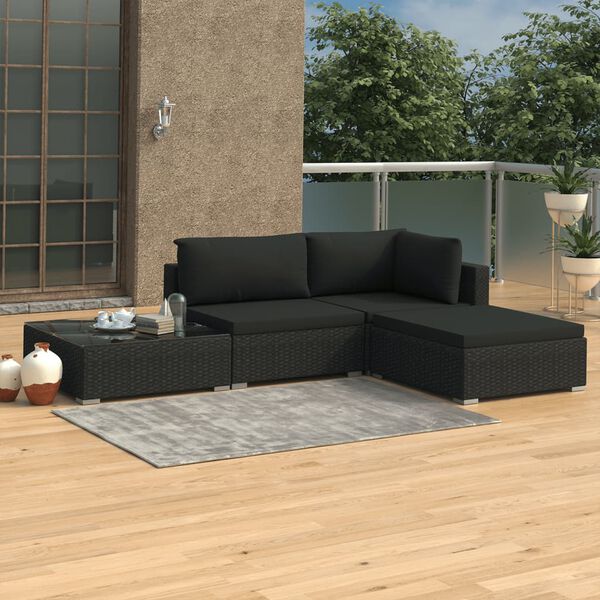 vidaXL 4 pcs conjunto lounge de jardim c/ almofad&otilde;es vime PE preto
