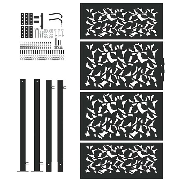 vidaXL Port&atilde;o de jardim preto 100x175 cm com design de folha de a&ccedil;o