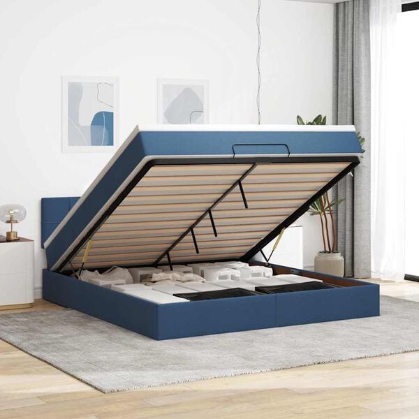 vidaXL Estrutura de cama otomana com colch&atilde;o 160x200 cm tecido azul