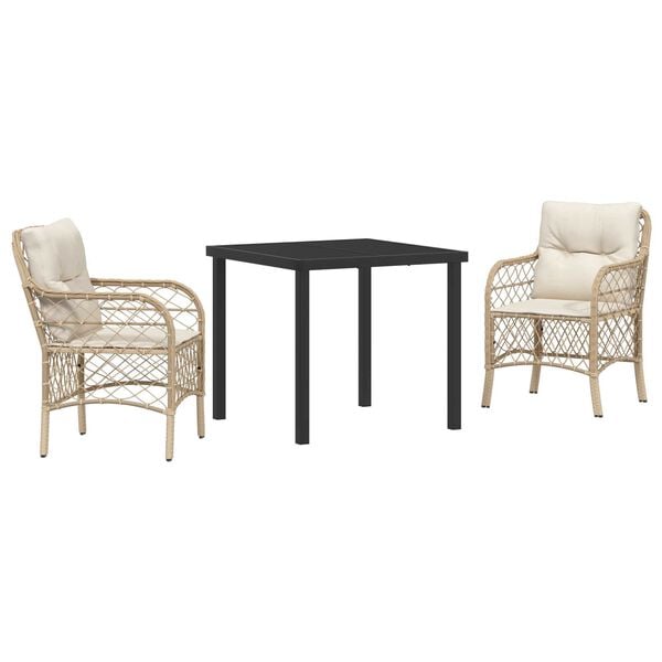 vidaXL Conjunto de Jantar para Jardim com almofada 3 pcs Bege vime PE