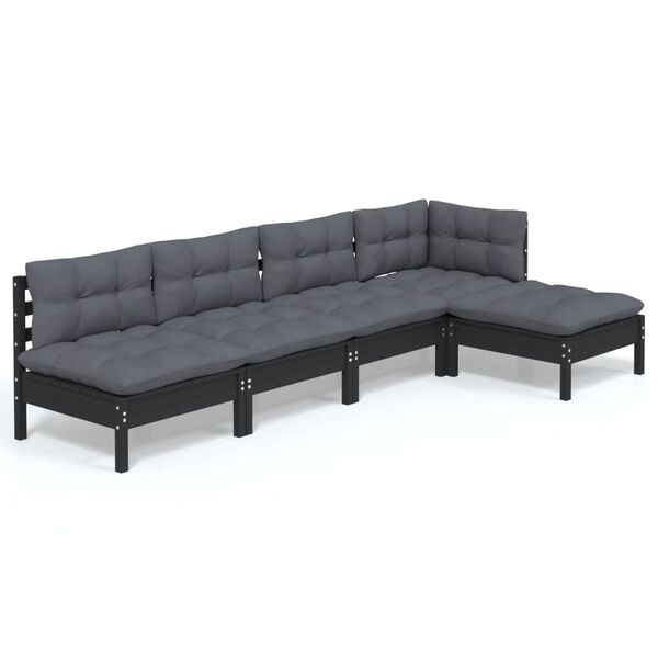vidaXL 5 pcs conjunto lounge de jardim c/ almofadões pinho preto