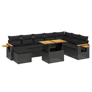 vidaXL 9 pcs conjunto sof&aacute;s p/ jardim almofad&otilde;es vime PE/ac&aacute;cia preto