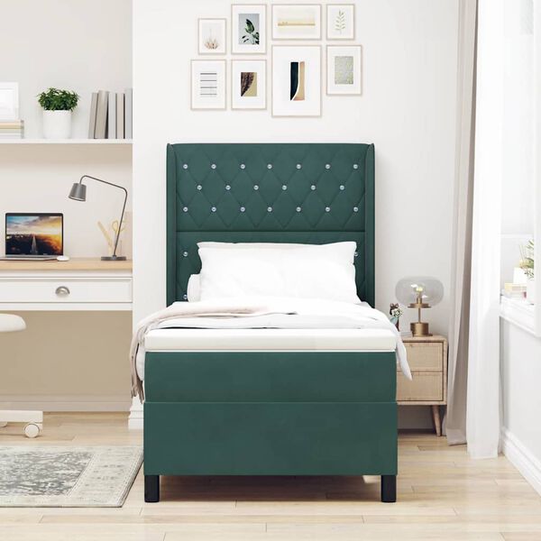vidaXL Cama Box Spring com LED e Colch&atilde;o Verde-escuro 90 x 200 cm