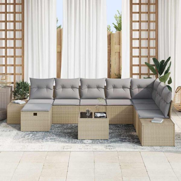 vidaXL Conjunto de Sof&aacute; de Jardim 9 pcs Bege Rattan Sint&eacute;tico