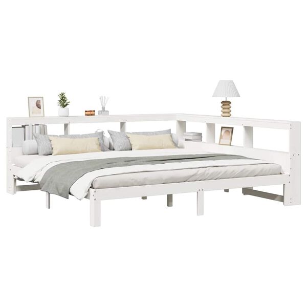 vidaXL Cama com estante sem colch&atilde;o 200x200 cm pinho maci&ccedil;o branco