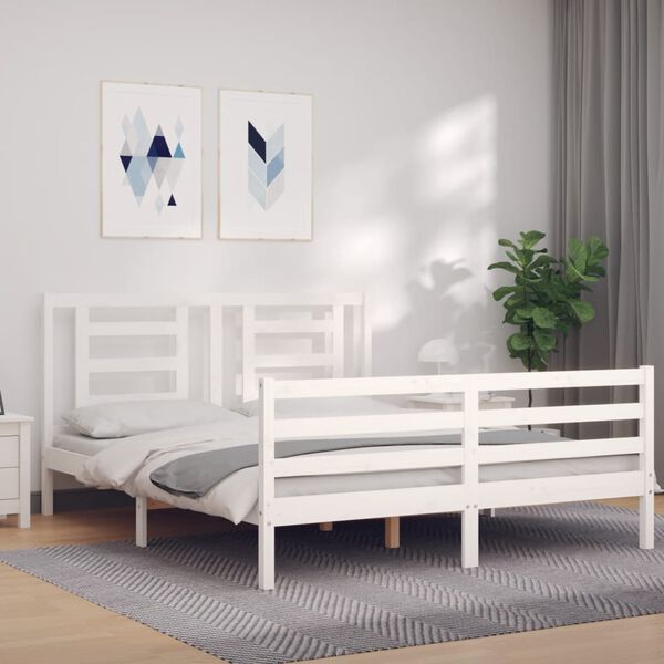 vidaXL Estrutura de cama King Size com cabeceira madeira maci&ccedil;a branco