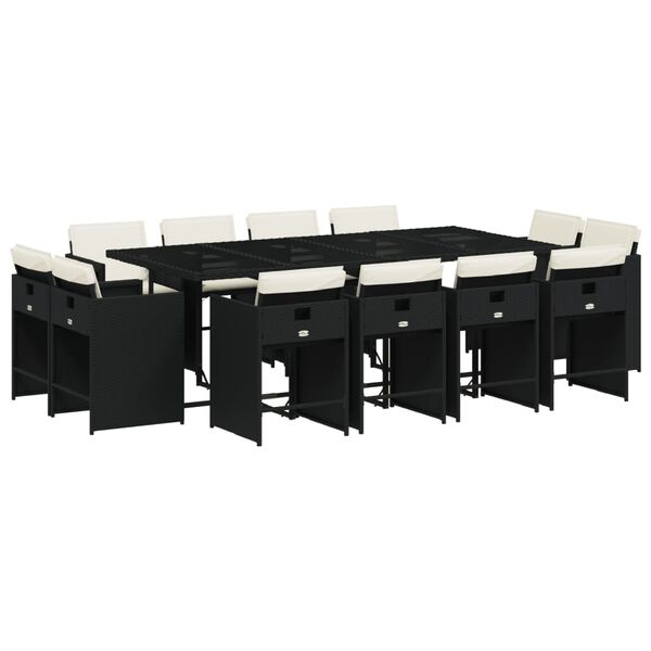 vidaXL 13 pcs conjunto de jantar p/jardim com almofad&otilde;es vime PE preto