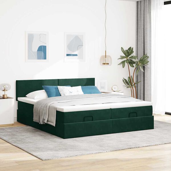 vidaXL Estrutura de cama otomana com colch&atilde;o verde escuro veludo