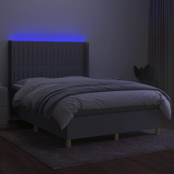 vidaXL Cama box spring c/ colch&atilde;o e LED 140x190 cm tecido cinza-claro