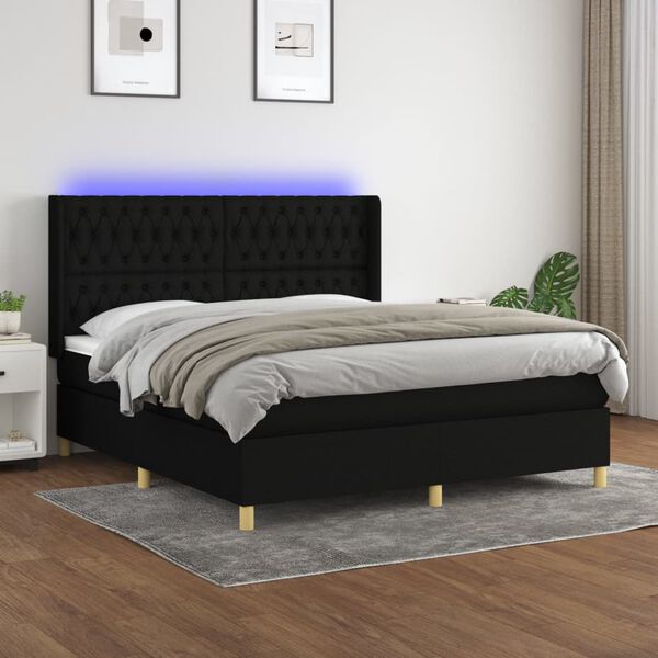 vidaXL Cama box spring c/ colch&atilde;o e LED 160x200 cm tecido preto