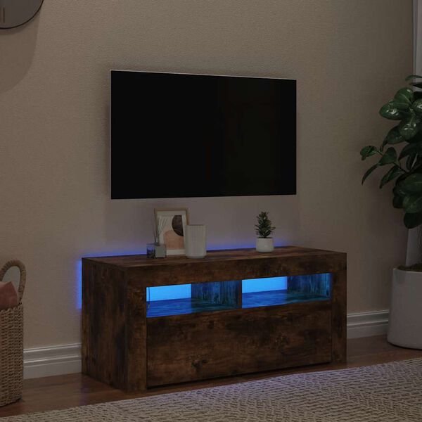 vidaXL Móvel de TV com luzes LED 90x35x40 cm carvalho fumado