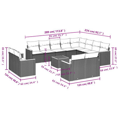 vidaXL 13 pcs conjunto de sofás de jardim com almofadões vime PE preto