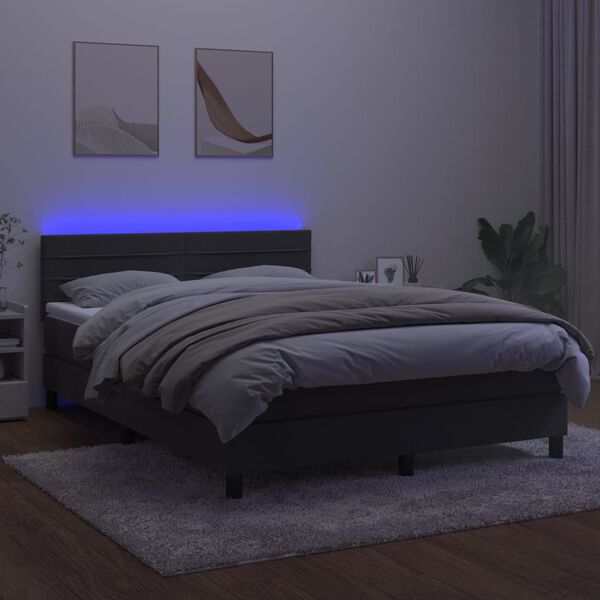vidaXL Cama box spring c/ colch&atilde;o/LED 140x200cm veludo cinzento-escuro