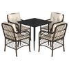 vidaXL 5 pcs conjunto jantar p/ jardim c/ almofad&otilde;es vime PE castanho