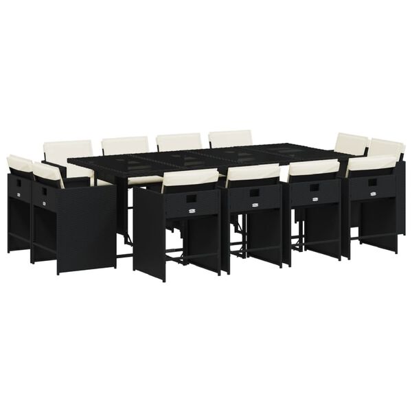 vidaXL 13 pcs conjunto de jantar p/jardim com almofad&otilde;es vime PE preto