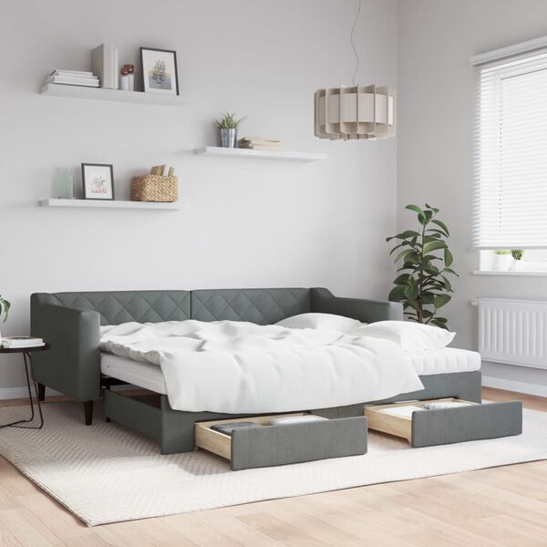 vidaXL Sofá-cama c/ gavetão e gavetas 90x190 cm tecido cinzento-escuro