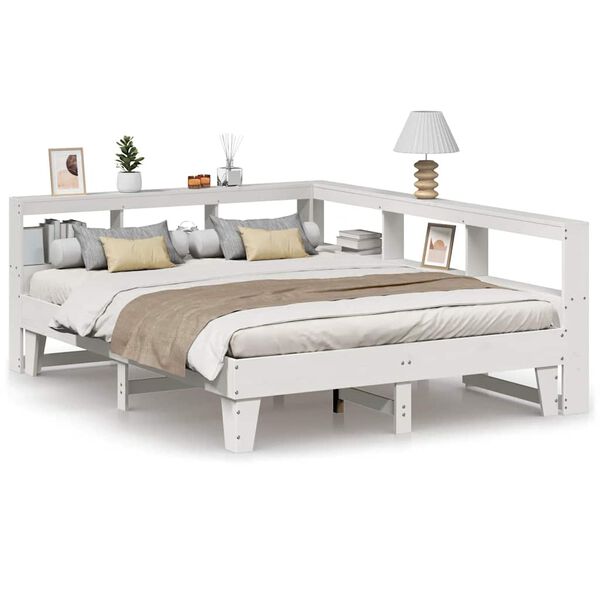 vidaXL Cama com estante sem colch&atilde;o 150x200 cm pinho maci&ccedil;o branco