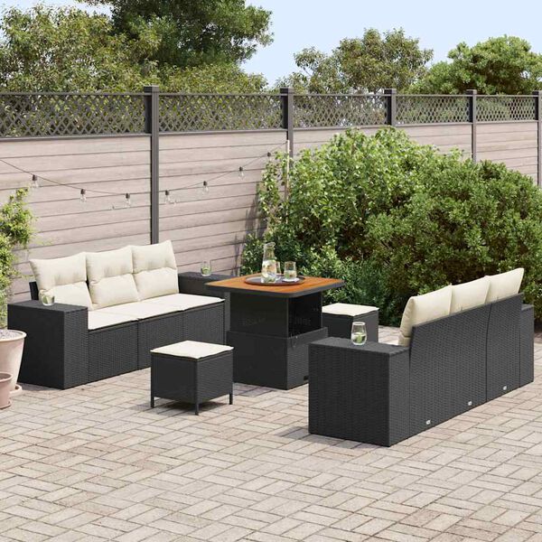 vidaXL Conjunto de Sof&aacute; de Jardim com almofada 9 pcs Preto e Creme