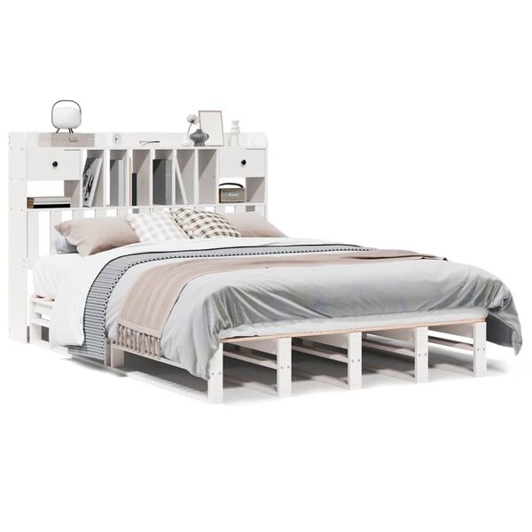 vidaXL Cama com estante sem colch&atilde;o 160x200 cm pinho maci&ccedil;o branco
