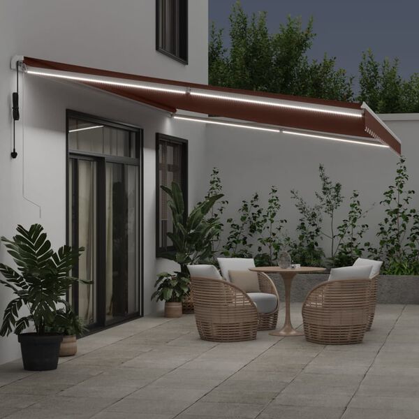 vidaXL Toldo retr&aacute;til autom&aacute;tico com luz LED 600x350 cm castanho