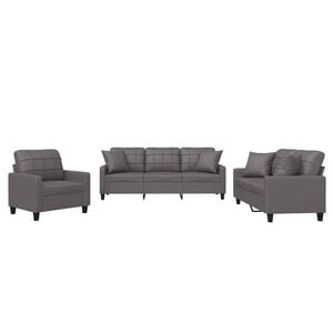 vidaXL 3 pcs conjunto de sof&aacute;s com almofadas couro artificial cinzento