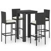 vidaXL 5 pcs conjunto de bar p/ exterior c/ almofad&otilde;es vime PE preto