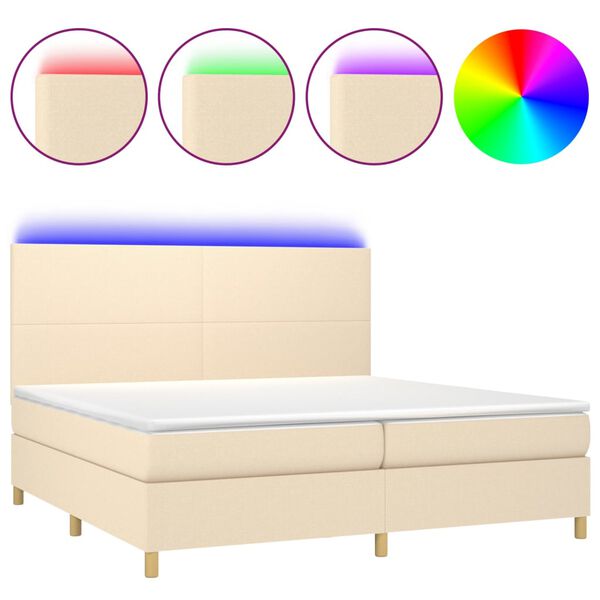 vidaXL Cama box spring c/ colch&atilde;o e LED 200x200 cm tecido cor creme
