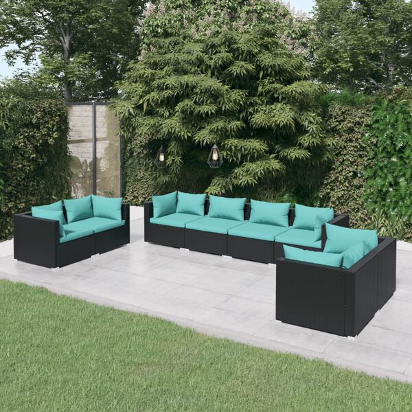 vidaXL 8 pcs conjunto lounge de jardim c/ almofadões vime PE preto