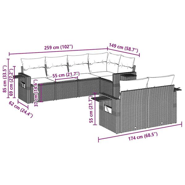 vidaXL 7 pcs conj. sof&aacute;s jardim com almofad&otilde;es vime PE cinzento-claro