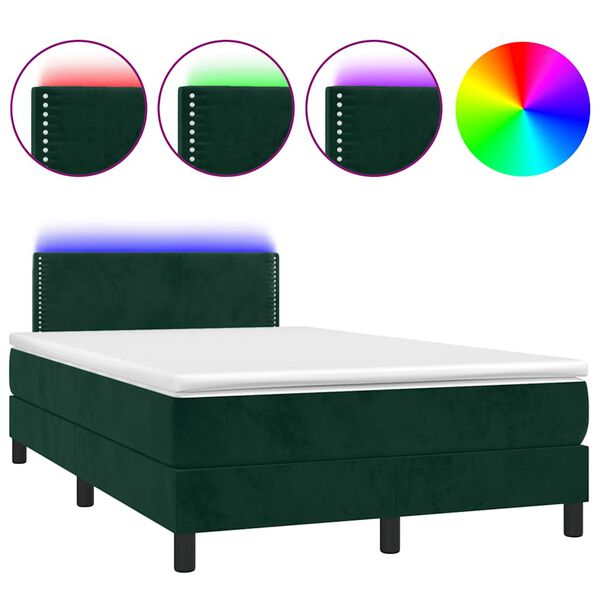 vidaXL Cama box spring c/ colch&atilde;o/LED 120x200 cm veludo verde-escuro