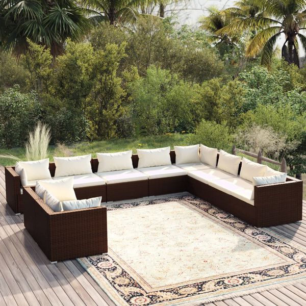 vidaXL 10 pcs conjunto lounge jardim c/ almofad&otilde;es vime PE castanho