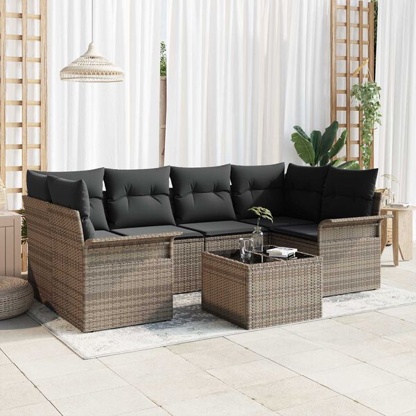 vidaXL Conjunto de Sof&aacute; de Jardim 7 pcs Cinzeto Rattan e A&ccedil;o e Vidro