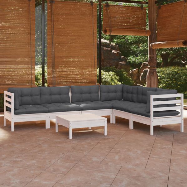 vidaXL 7 pcs conj. lounge de jardim c/ almofadões pinho maciço branco